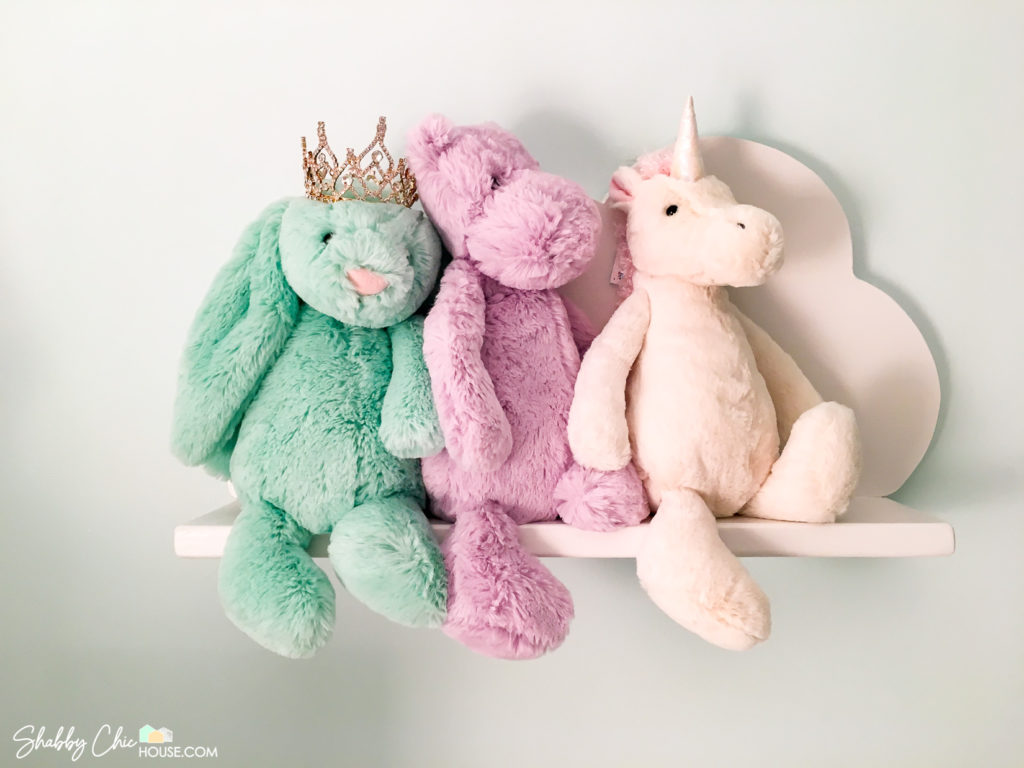 Baby Room Jelly Cat Stuffed Animals on Shelf - Unicorn, Rabbit and Hippo