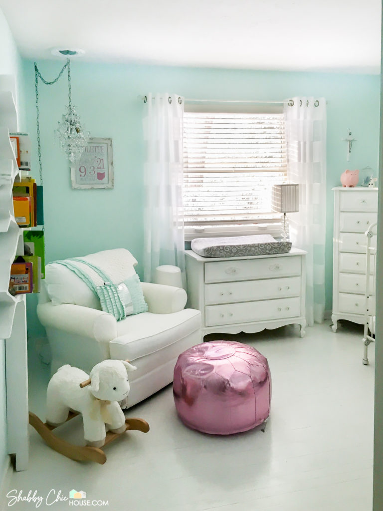Mint Green Gender Neutral Baby Room, White Hardwood Floor and Tree Book Shelf