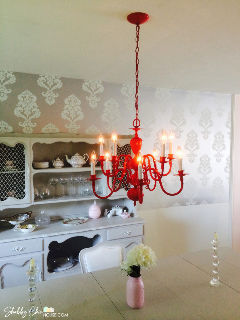 Chalk Painted Bright Red Chandelier Long Shot