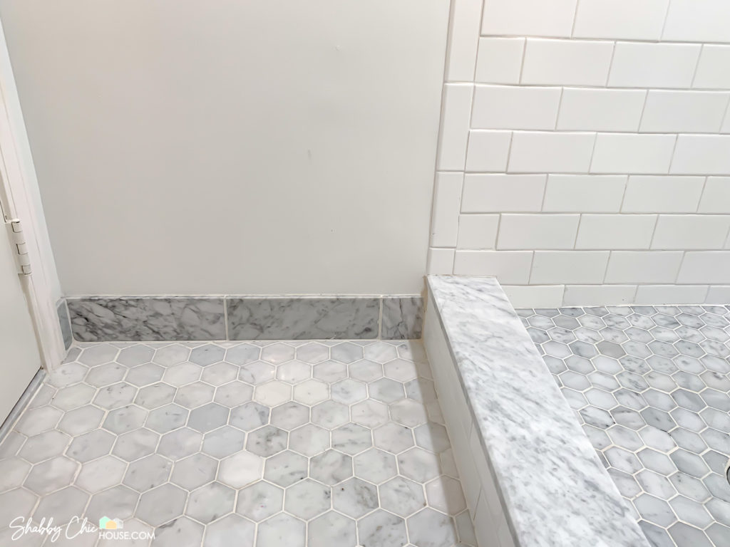 White Subway Tile Shower with 2" Italian Carrara Shower Floor, Italian Carrara Shower Curb and 3" Italian Carrara Bathroom floor