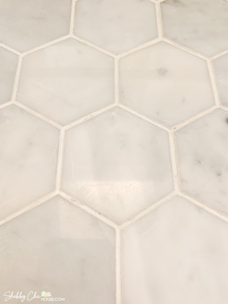 White Tile Grout refreshed after painting with PolyBlend Colorant