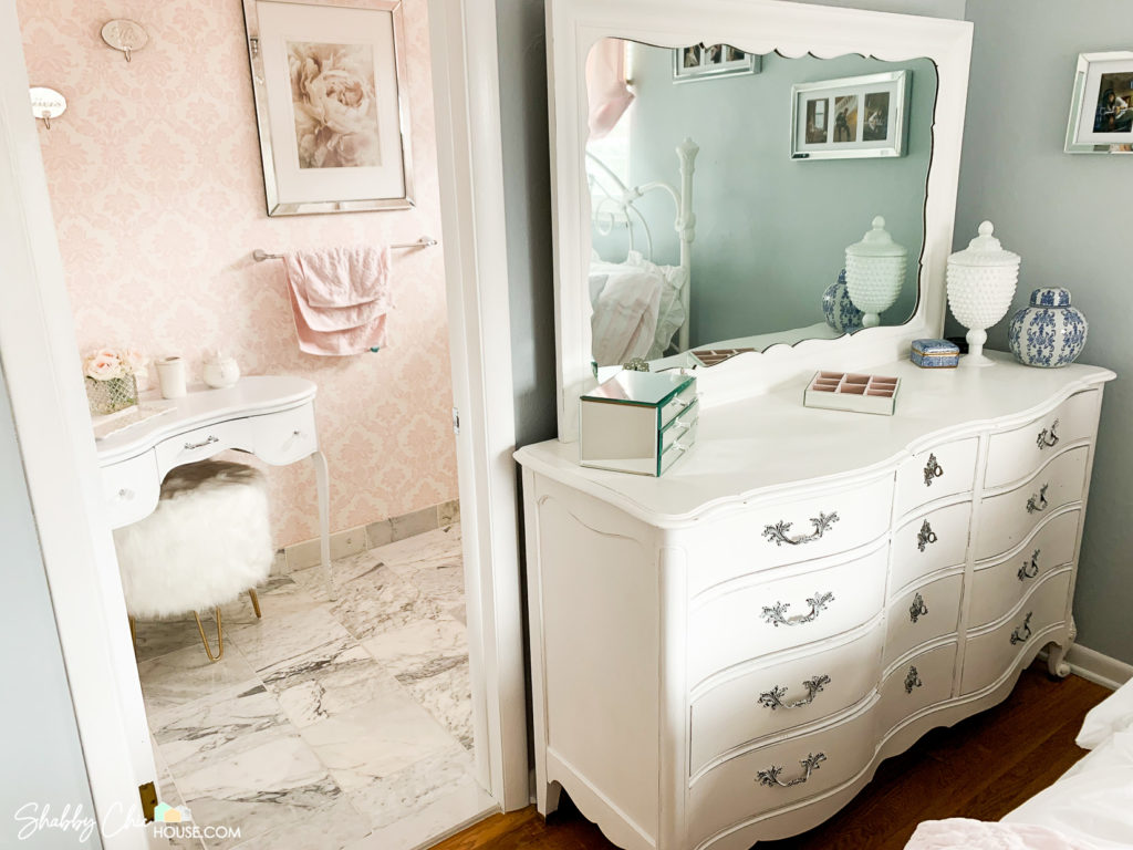 Chalk Painted Bedroom Set and Pink Damask Wallpaper with Italian Carrara Marble floor