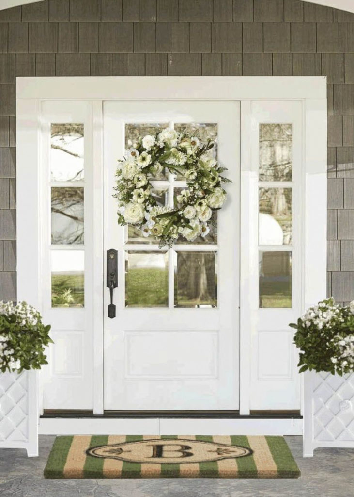 White Six Panel Glass Front Door with Sidelights and black hardware