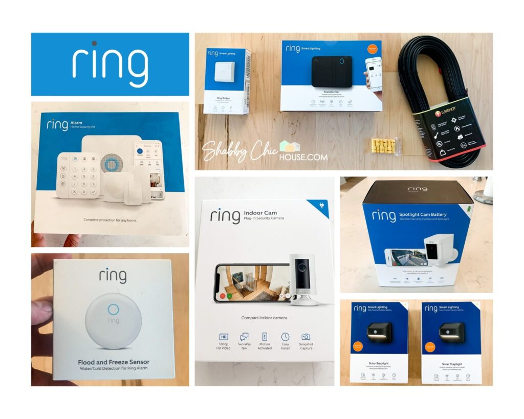 Home Improvement Project - Ring Product Collage with Ring Alarm, Ring Spotlight Cam, Ring Indoor Cam, Ring Smart Lighting, Ring Transformer, Ring Bridge, Ring Steplights and Ring Flood and Freeze Sensor