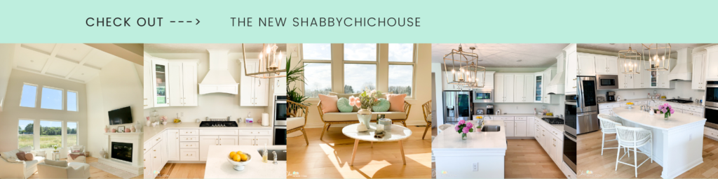 ShabbyChicHouse Home Improvement Projects collage including images of Great Room with coffered ceiling, kitchen with decorative range hood, sunroom with rattan furniture, kitchen with white shaker cabinets and kitchen with gold pendant lights.