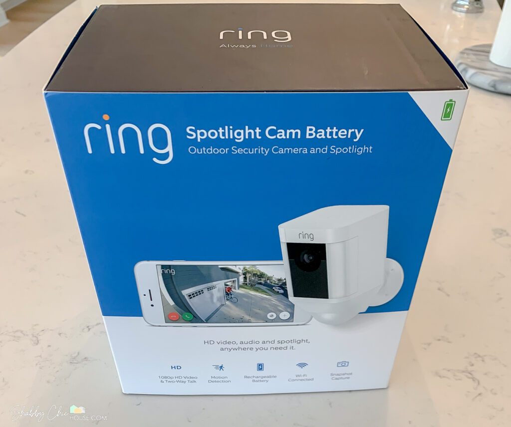 Ring Spotlight Cam Battery outdoor security camera in the box