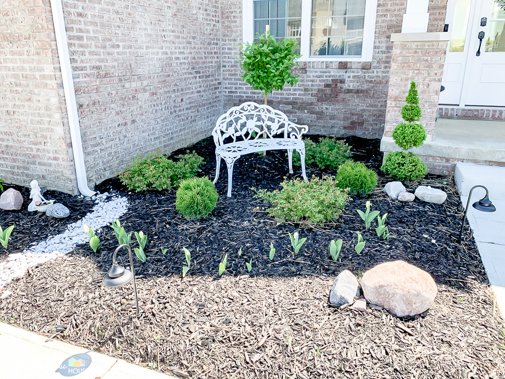 DIY Landscaping featuring white flower wrought iron chair, Korean Lilac tree, topiary, white tulips and barn style pathway lights.