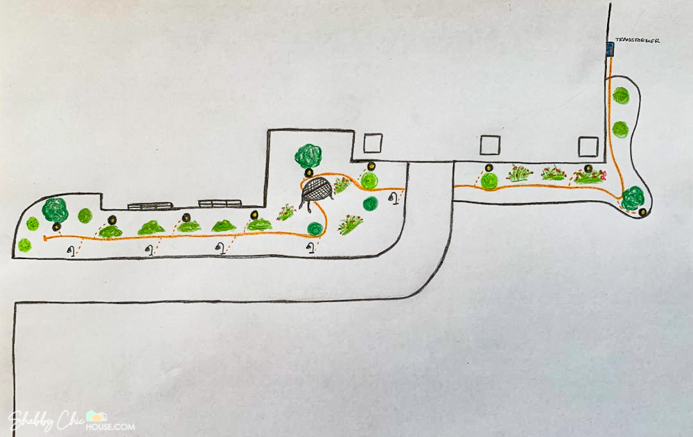 hand sketched drawing plan for landscape lighting showing uplights and pathway lights.