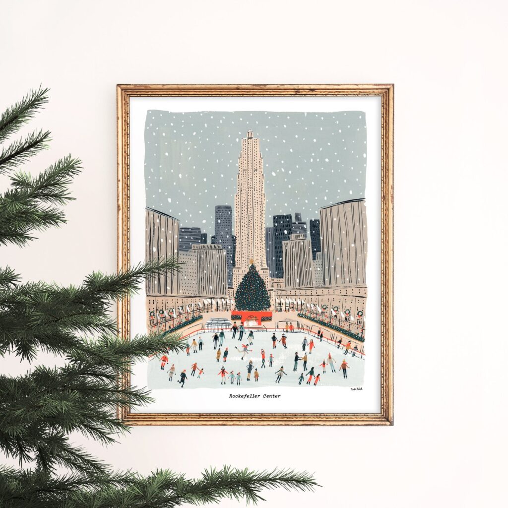 Image of an art print showing "Christmas at Rockefeller Center" produced by Nicole Cicak of OnLaneAvenue for a blog post on Christmas Decoration Ideas for 2021.