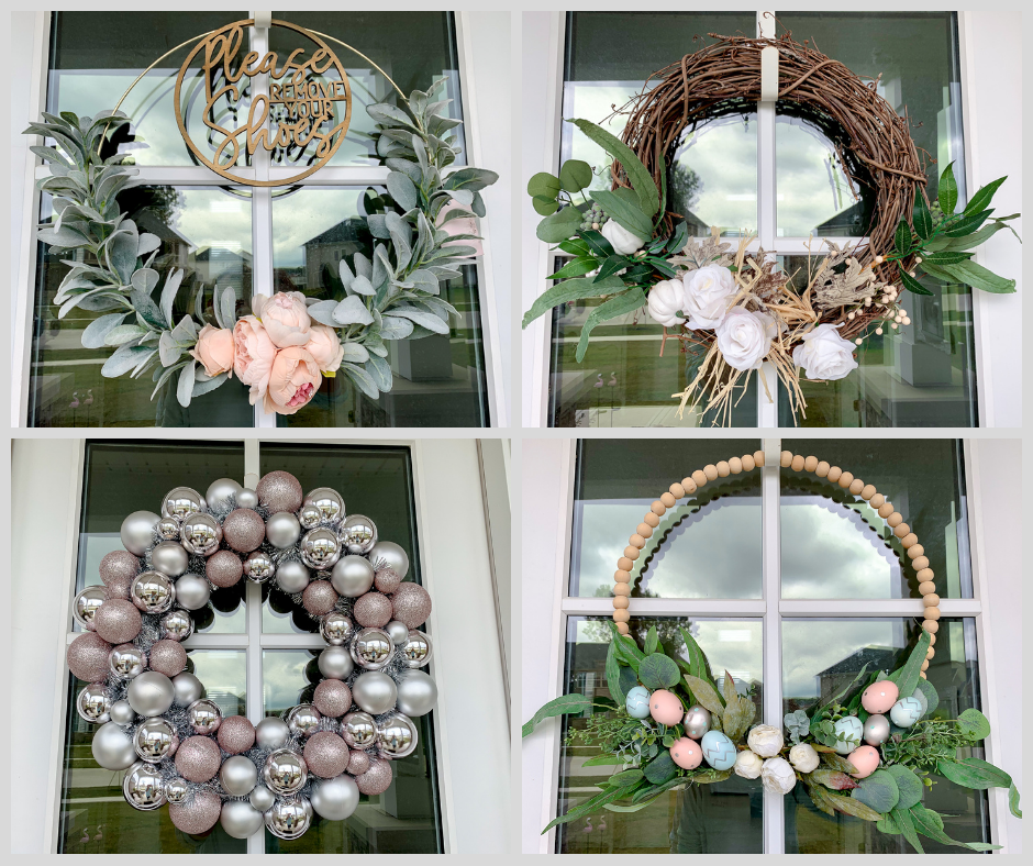 Four separate shots of different holiday wreaths on the same door.