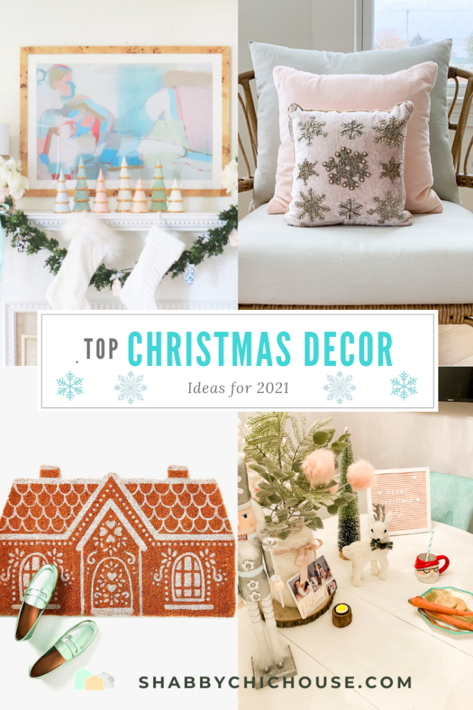 4 grid image for a blog post on the Top Christmas Decor Ideas for 2021. Image shows ceramic Christmas trees with 24K cold, snowflake beaded pillow, gingerbread doormat and snowy deer Christmas decor.
