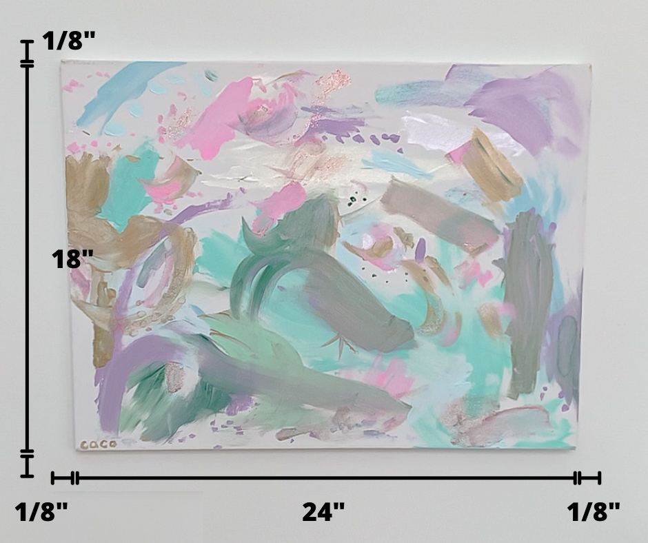 Image of a painted canvas and the proper measures needed to be made for the length and width to build a floating picture frame with a 1/8" gap on all sides.